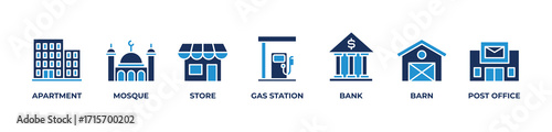 Essential Community Hub Icons set vector illustration blue with Apartment, Mosque, Store, Gas station, Bank, Barn, Post office