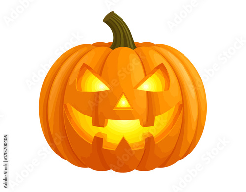 A glowing jack-o'-lantern, a carved pumpkin with a menacing grin, illuminated from within isolated on transparent background. Halloween themed vector.