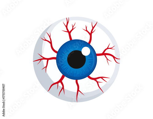 Cartoon eyeball with prominent blood vessels isolated on transparent background, Halloween-themed graphic. Halloween themed vector.