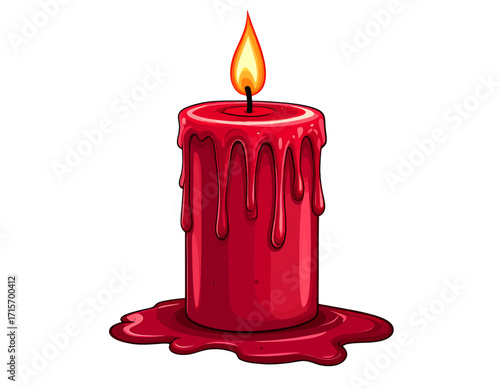Illustration of a red candle with dripping wax and a bright yellow flame, isolated on transparent background. Halloween themed vector.