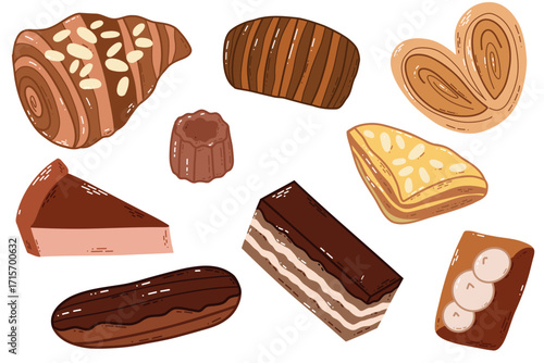 Assorted Pastry and Dessert Collection: Croissant, Cake, Tarts, Eclairs, Chocolates and Baked Goods. A colorful collection of baked treats including croissant, cake slice, tarts, eclair, chocolate bar