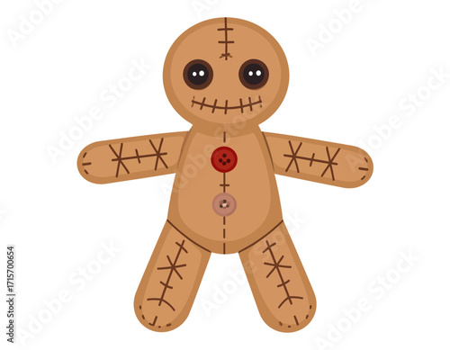 A whimsical voodoo doll with stitched seams and button eyes, isolated on transparent background. Halloween themed vector.
