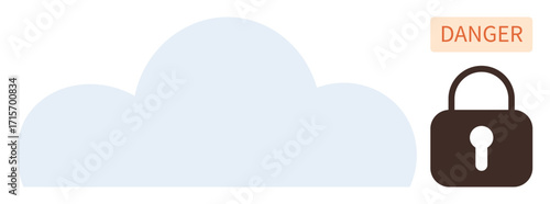 Cloud with padlock and danger label representing cybersecurity threats and data protection issues. Ideal for technology, security, cloud storage, privacy, data safety, risk management, online safety