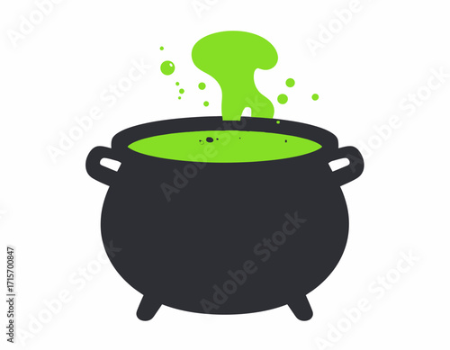 A bubbling cauldron of bright green potion, emitting steam, sits on three short legs isolated on transparent background. Halloween themed vector.