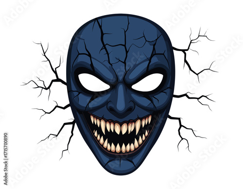 A sinister blue mask with sharp teeth and cracked skin emerges isolated on transparent background. Halloween themed vector.