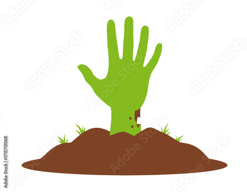 A green zombie hand emerges from a mound of dirt with small grass blades, isolated on transparent background. Halloween themed vector.