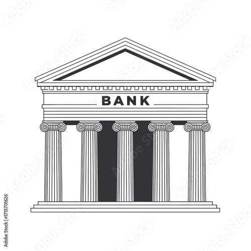 Minimalist vector design of a classical bank building with Greek-style columns, triangular roof, and bold BANK lettering, isolated on white background