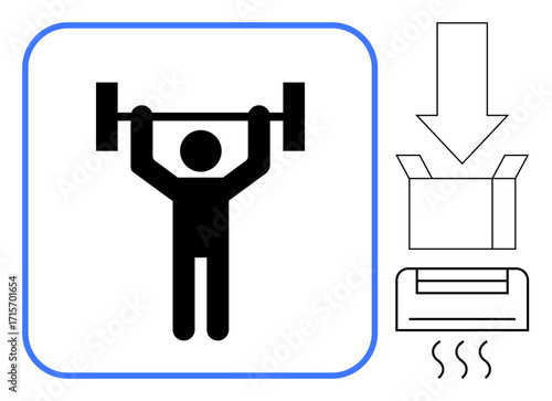 Stick figure lifting barbell symbolizing strength or effort, next to open box and printer with downward arrow. Ideal for packaging, logistics, workflow, training, printing, teamwork, simple flat