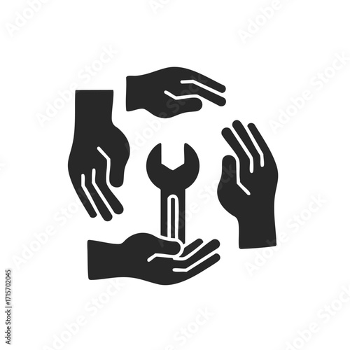 Four silhouetted hands collaboratively encircle a wrench, symbolizing teamwork, support, and collective effort in maintenance or service operations.