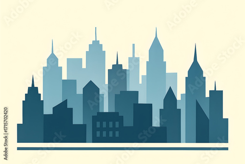 Layered blue city skyline illustration with modern buildings and perspective depth