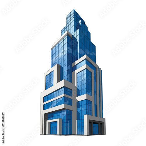 Vector illustration of a financial bank skyscraper, sleek design with reflective blue windows, geometric shapes, isolated on white background