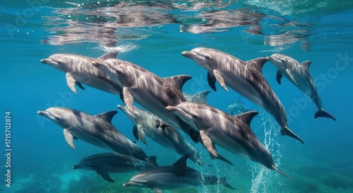 A pod of dolphins swimming in clear blue water.