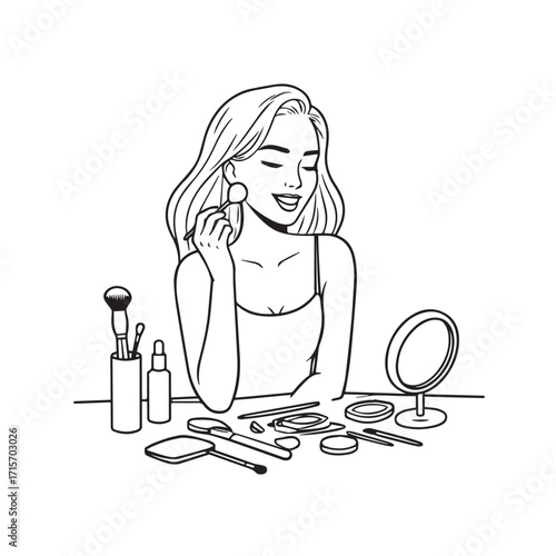 Black and white line art of a beautiful woman doing makeup at dressing table with mirror illustration