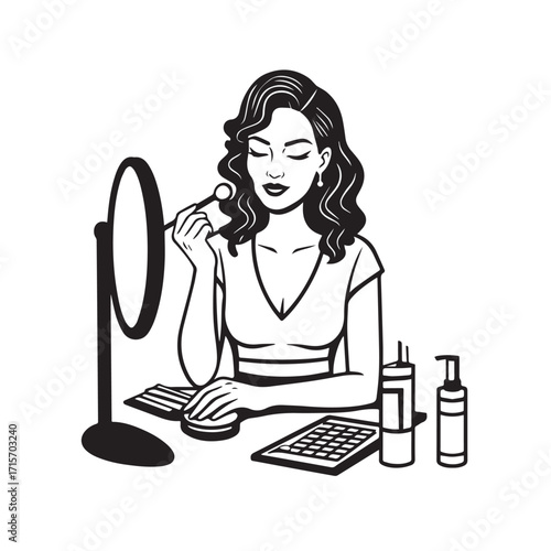 Black and white line art of a beautiful woman doing makeup at dressing table with mirror illustration