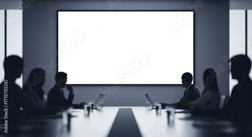 Businesspeople Silhouetted at Conference Table with Blank Presentation Screen