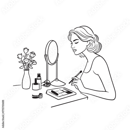 Black and white line art of a beautiful woman doing makeup at dressing table with mirror illustration