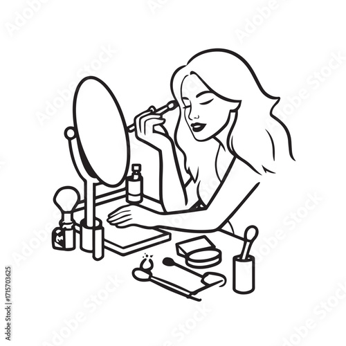 Black and white line art of a beautiful woman doing makeup at dressing table with mirror illustration