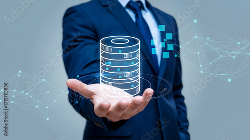 Businessperson with Database Icon and Network Structure Representing Modern Database and Network Technology