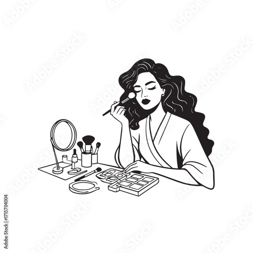 Black and white line art of a beautiful woman doing makeup at dressing table with mirror illustration