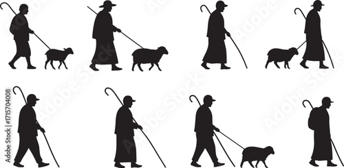 Shepherd, sheep, silhouette, walking, crook, black, vector, icon, livestock, rural, tradition, pasture, animal, motion, nature, farm, coat, hat, companion, agriculture