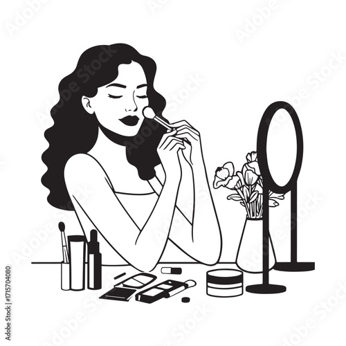 Black and white line art of a beautiful woman doing makeup at dressing table with mirror illustration