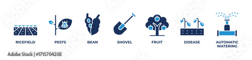 Smart Farming Icons set vector illustration blue with icefield, Pests, Bean, Shovel, Fruit, Disease, Automatic watering 