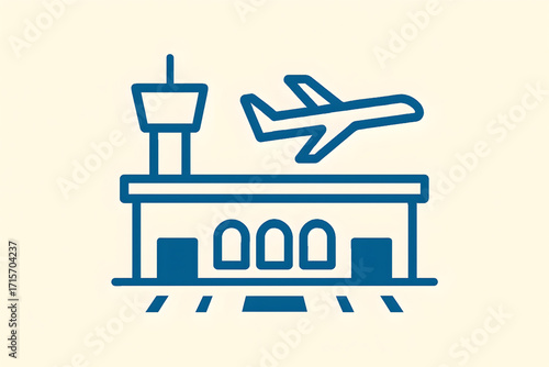  blue airport icon with control tower terminal building and airplane taking off