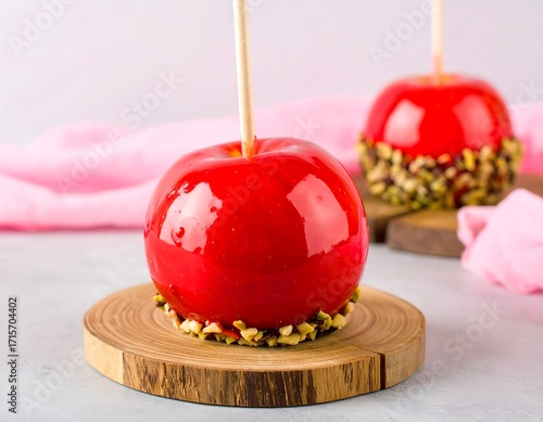 Two red candy-coated apples on wooden coasters