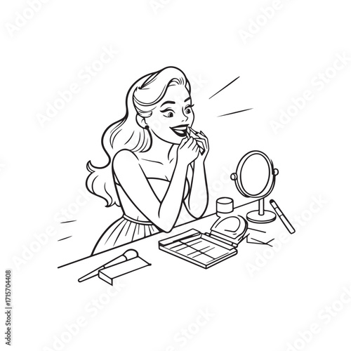 Black and white line art of a beautiful woman doing makeup at dressing table with mirror illustration