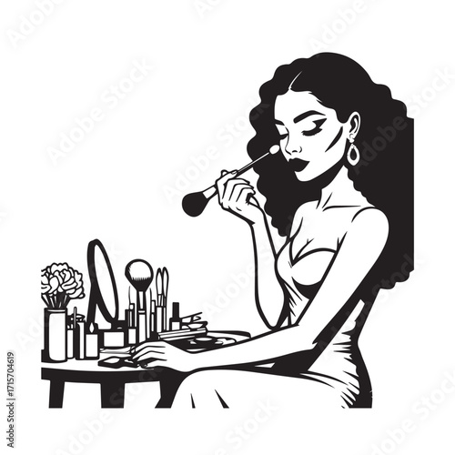 Black and white line art of a beautiful woman doing makeup at dressing table with mirror illustration