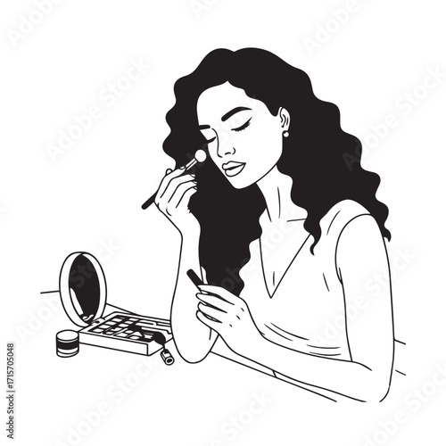 Black and white line art of a beautiful woman doing makeup at dressing table with mirror illustration