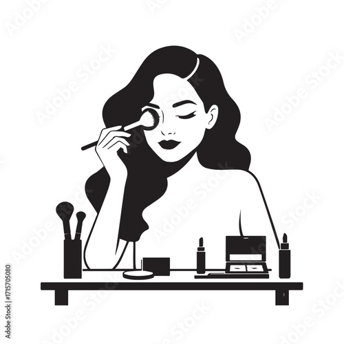 Black and white line art of a beautiful woman doing makeup at dressing table with mirror illustration