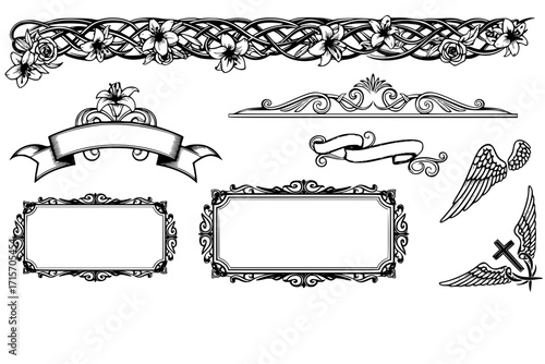 Funeral Ornamental Decorations Vector – Memorial Design Elements Including Border, Divider, Ribbon, Frame, and Corner Accents
