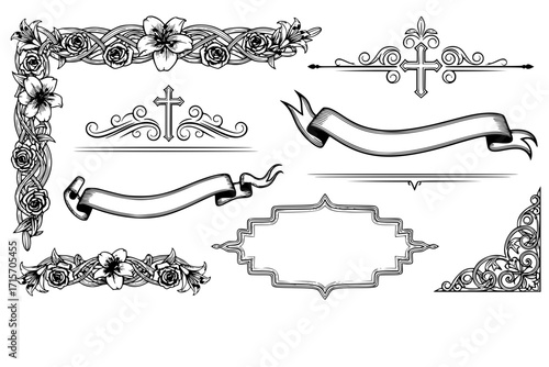 Funeral Ornamental Decorations Vector – Memorial Design Elements Including Border, Divider, Ribbon, Frame, and Corner Accents