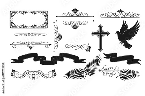Funeral Ornamental Decorations Vector – Memorial Design Elements Including Border, Divider, Ribbon, Frame, and Corner Accents
