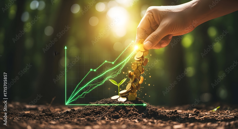 Fototapeta premium Grow your wealth: coins sprout like plants with rising financial graph