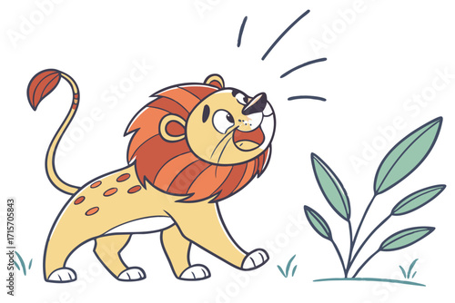 Cartoon Lion Roaring Near Leaves, Cute Animal on White Background