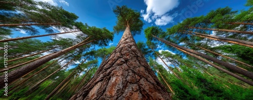 Trees in forest rising toward blue sky concept. Majestic pine tree reaching towards a vibrant blue sky.