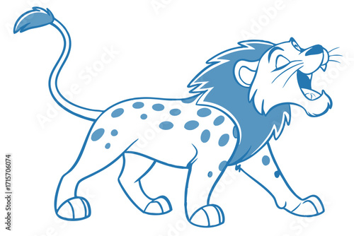 Cartoon Lion Roaring with Blue Spot Pattern on White Background Animal Design
