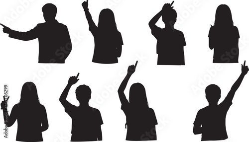 Silhouette people poses, expressive gestures, peace sign, pointing hand, raised arms, black figures, communication concept, body language, vector illustration