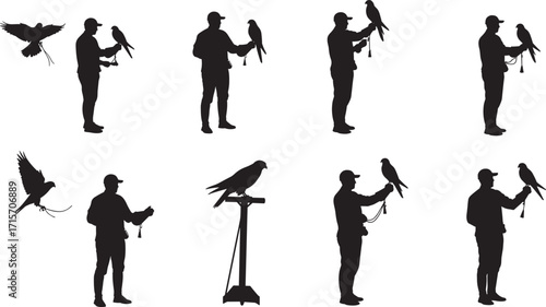 Falconer, silhouette, bird, hawk, falcon, glove, handler, flight, perch, black, vector, icon, wildlife, raptor, training, pose, motion, animal, tradition, sport