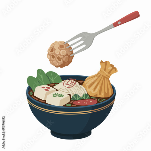 Indonesian Meatball Soup Bakso Vector Illustration with Fork Holding One Meatball, Traditional Asian Street Food Bowl with Noodles, Vegetables, and Broth Design