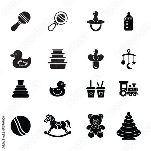 baby toy icons set for kids, featuring pacifier, duck, train, bear, bottle, mobile, rattle, cup, horse, ball, stack on white background