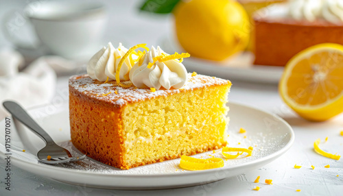 Yuzu chiffon cake slice with citrus zest and whipped cream
