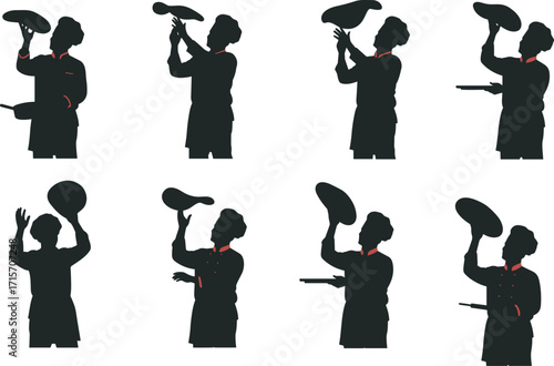 Chef, pizza, dough, toss, silhouette, cooking, black, vector, icon, motion, food, Italian, kitchen, skill, technique, restaurant, culinary, preparation, action, performance