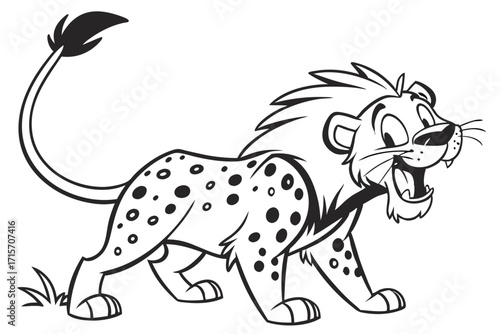 Cartoon Lion with Spots, Roaring Expression, Outline Style on White Background