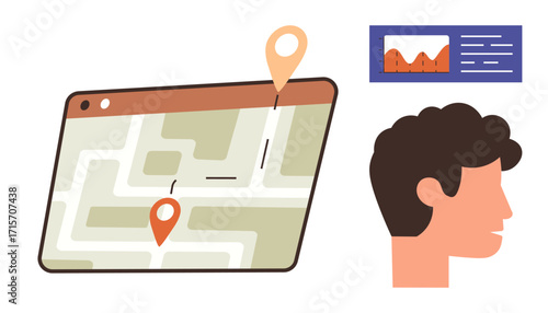 Digital map with location pins, user profile silhouette, and data analysis chart. Ideal for navigation, user interface, analytics, travel, geolocation technology communication. Simple flat metaphor