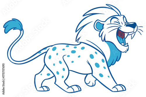 Cartoon Roaring Lion with Blue Spots, White Background Animal