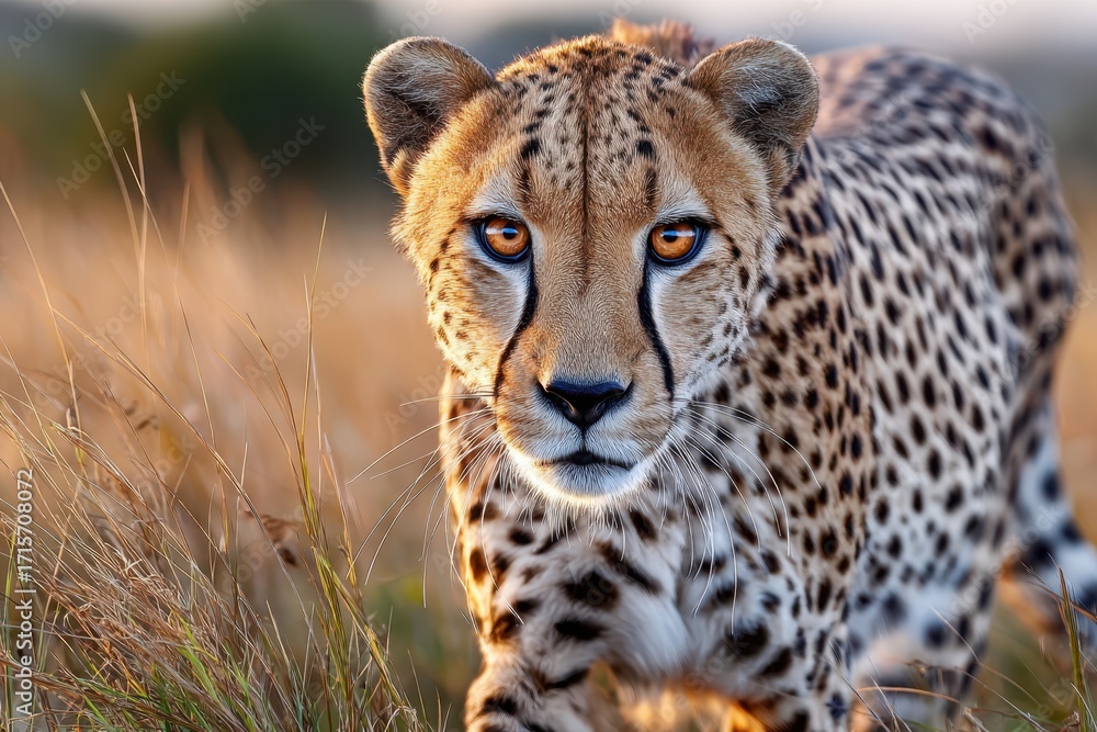 Fototapeta premium Cheetah Staring Intently Through Tall Grass At Sunset