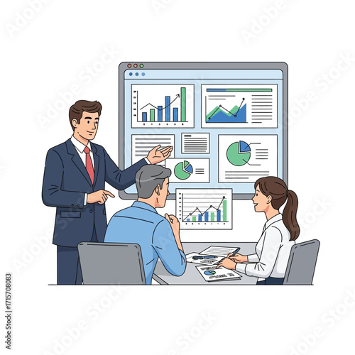 vector of a banker explaining financial services to clients with charts and documents, consultation scene, isolated on white background